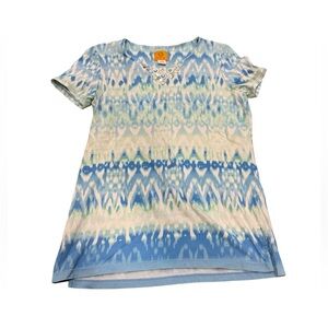 EUC Blue & White tie dye Ruby Rd Embellished neckline tee tropical resort boho S